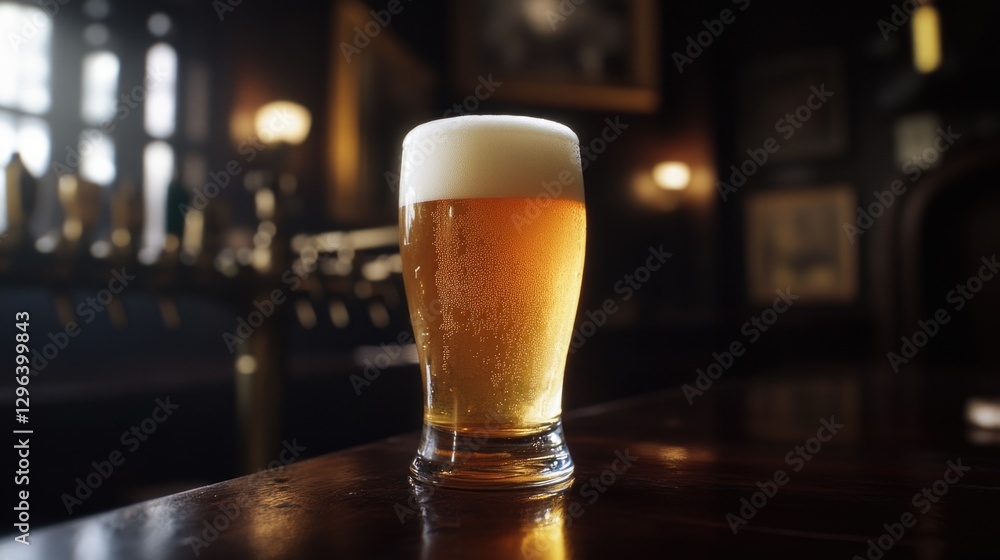 Glass of beer with frothy head on bar, in a traditional pub setting. Glass of beer with frothy head on bar, in a traditional pub setting.