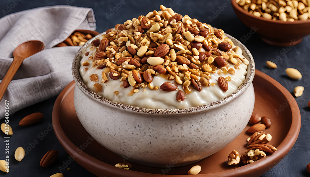 Healthy Yogurt Bowl with Nuts and Granola on Dark Background Healthy Yogurt Bowl with Nuts and Granola on Dark Background