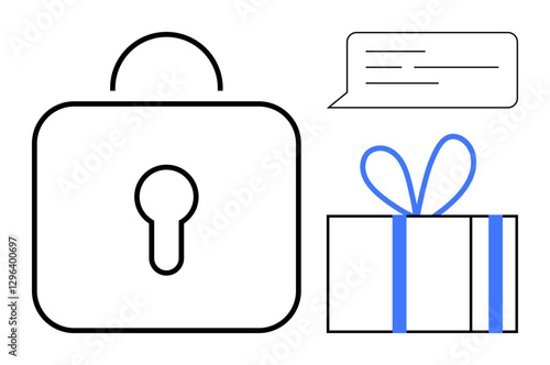 Padlock symbolizing security next to a gift box with a ribbon and a speech bubble with text. Ideal for online security, privacy protection, gift ideas, secure messaging, digital communication