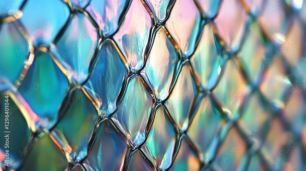 Fototapeta premium Abstract of the reflection on plastic wrap, with vibrant holographic colors and intricate patterns