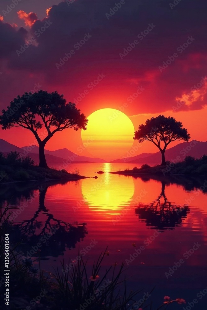 Obraz premium Fiery sunset over still lake, acacia trees silhouette on shore , twilight, vista, nature