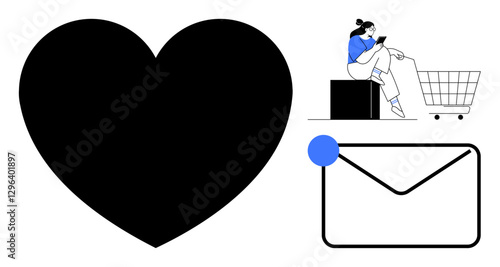 Black heart, person sitting on a cube, shopping cart, email icon with blue dot highlight connectivity, digital interaction, social media, e-commerce, communication, online relationships customer