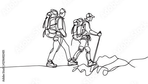 Continuous one single minimal line drawing hiking 