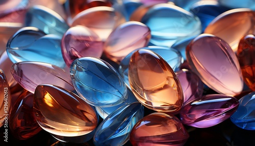 Assorted colorful glass gemstones macro still life image overlapping.