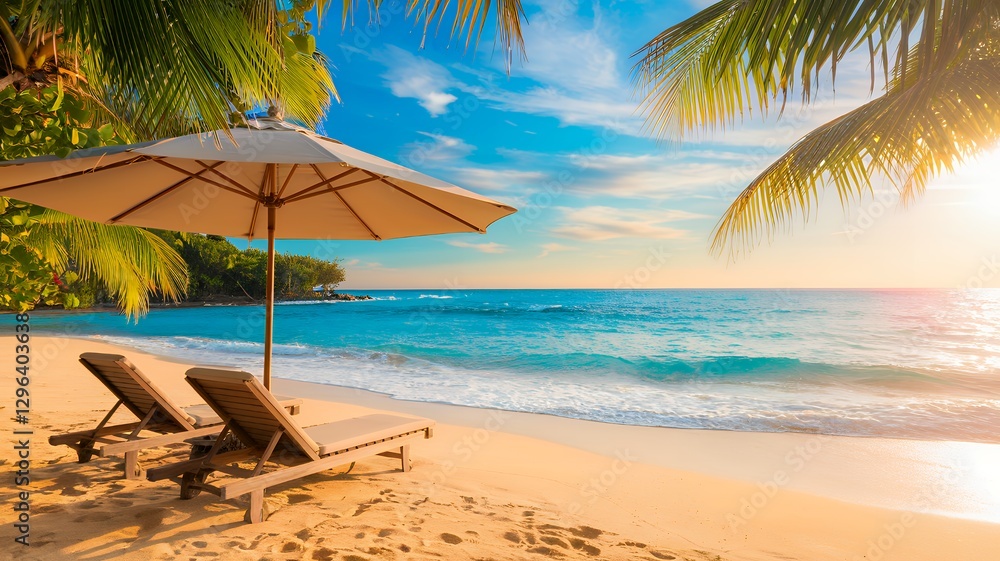 Naklejka premium Tropical Beach Paradise with Lounge Chairs and Umbrella Overlooking Turquoise Ocean