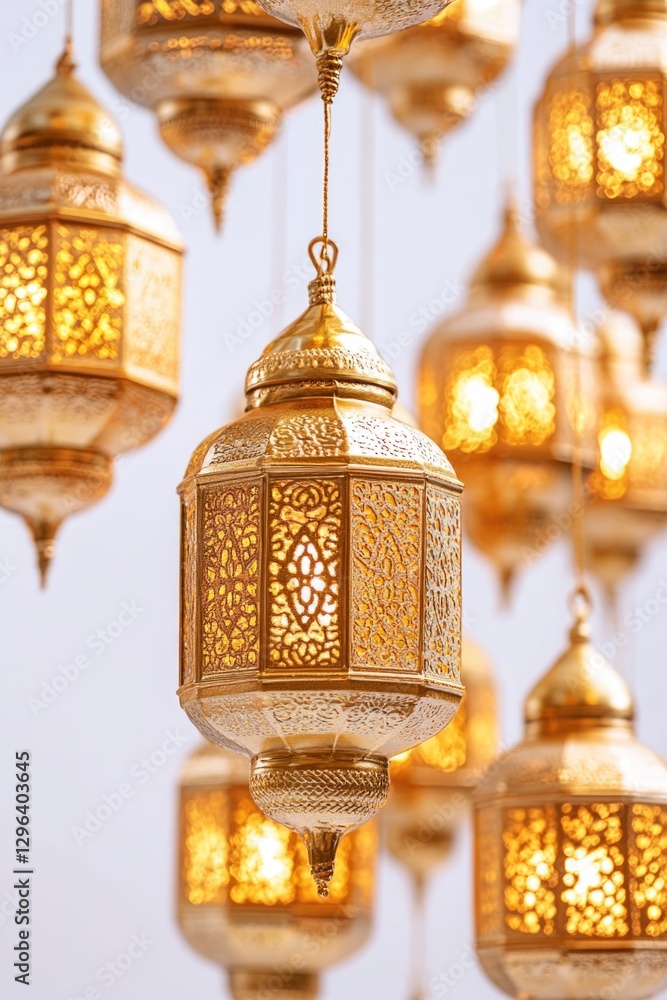 Fototapeta premium Multiple decorative lanterns hanging in a row with intricate designs.