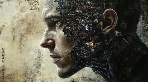 An ethereal portrait of a cyborg, contemplating the intersection of humanity and technology. Post-Human Evolution. Illustration