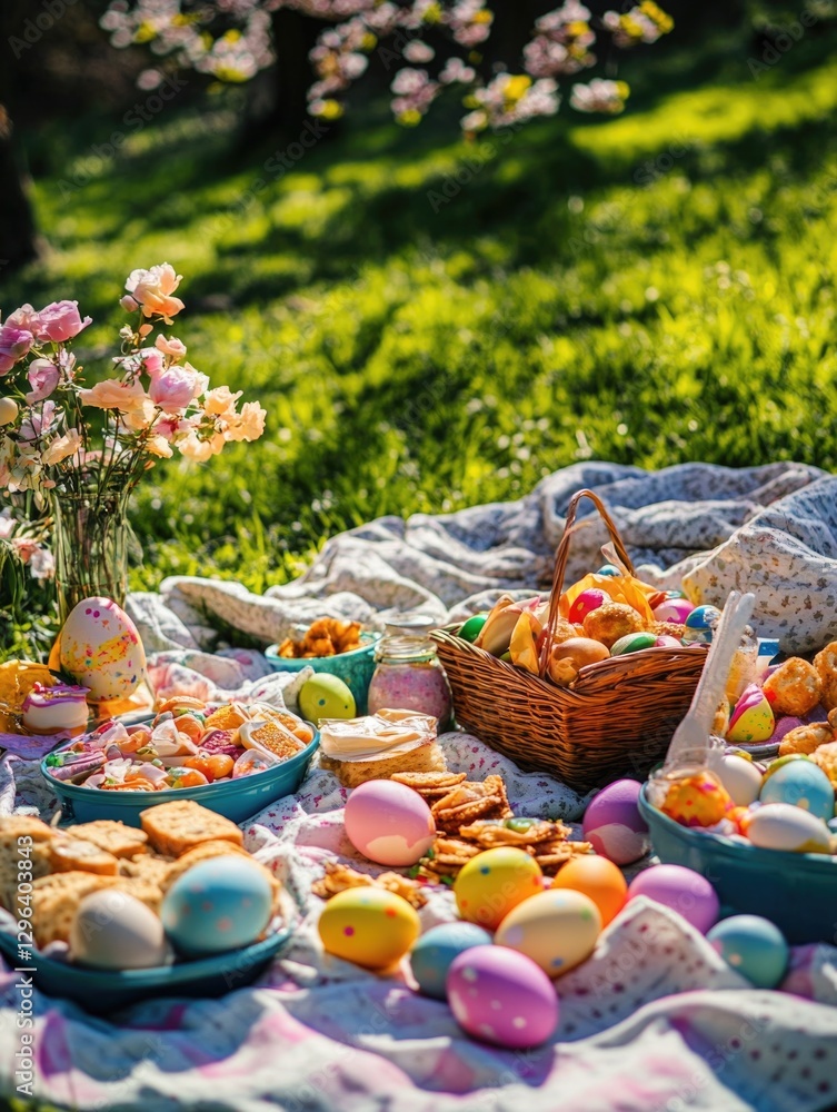A delightful Easter picnic spread out on a grassy area, featuring baskets filled with festive pastries and colorful Easter eggs. A delightful Easter picnic spread out on a grassy area, featuring baskets filled with festive pastries and colorful Easter eggs.