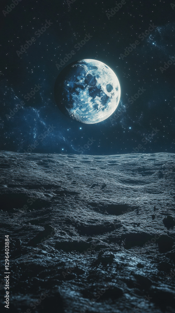 Fototapeta premium Moon over lunar surface with stars