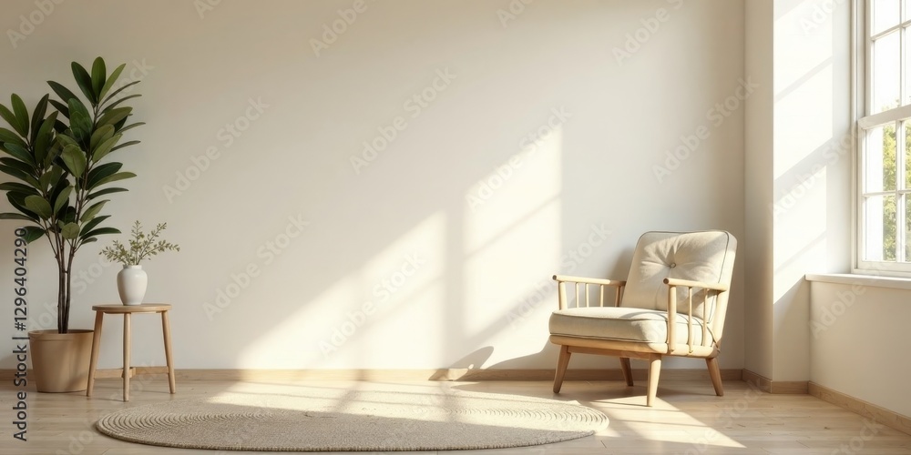 Fototapeta premium Serene Minimalist Living Room with Sunlight Streaming Through Window, Featuring a Comfortable Armchair and Lush Greenery
