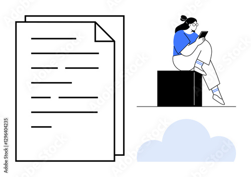 Person reading tablet while sitting on a block, next to large document files and a cloud icon. Ideal for document management, cloud storage, education, online reading, productivity, technology