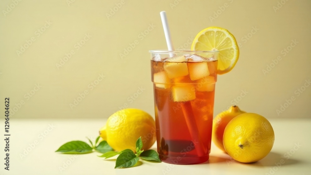 Fototapeta premium Refreshing Iced Tea with Lemon Slices and Ice Cubes in a Clear Glass