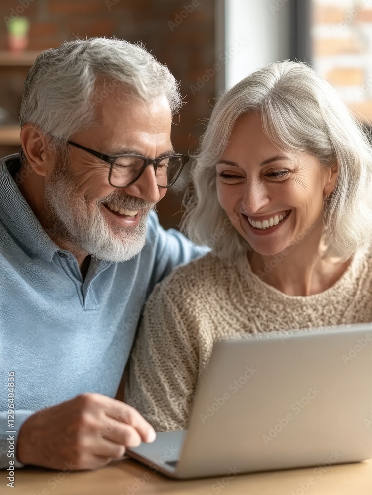 Happy mature older family couple laughing, bonding sitting at home table with laptop. Smiling middle aged senior 50s husband and wife having fun satisfied with buying insurance, paying bills online. Happy mature older family couple laughing, bonding sitting at home table with laptop. Smiling middle aged senior 50s husband and wife having fun satisfied with buying insurance, paying bills online.