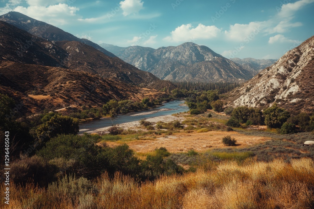 A peaceful scene of a mountainous landscape with a stream flowing through it. A peaceful scene of a mountainous landscape with a stream flowing through it.