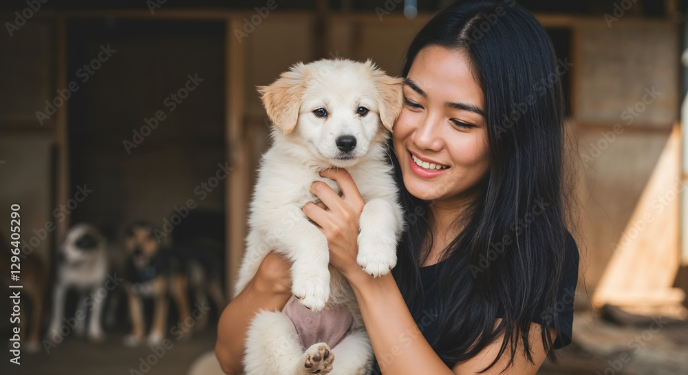 Smiling woman holding a fluffy puppy at a dog shelter Smiling woman holding a fluffy puppy at a dog shelter