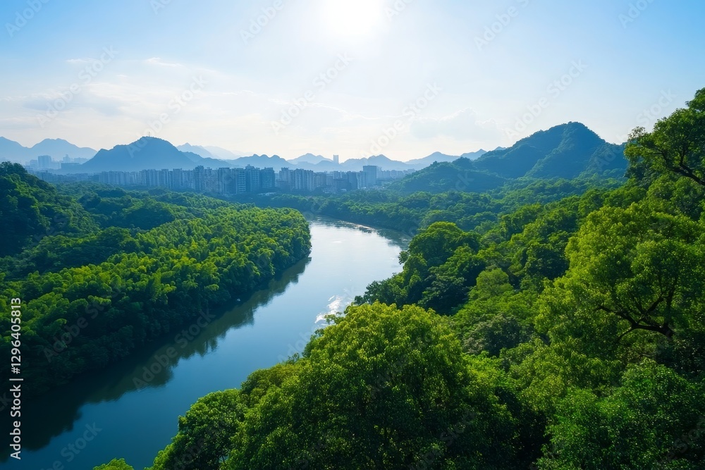 Serene River Valley Landscape - Tranquil river winding through lush green mountains, symbolizing peace, nature, serenity, abundance, and harmony Serene River Valley Landscape - Tranquil river winding through lush green mountains, symbolizing peace, nature, serenity, abundance, and harmony