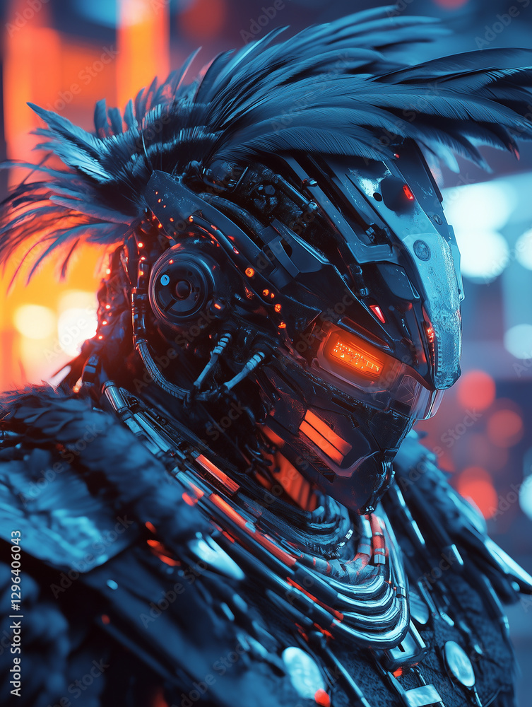 Cybernetic Aztec engineer enhances mechanical systems in futuristic urban environment at night Cybernetic Aztec engineer enhances mechanical systems in futuristic urban environment at night