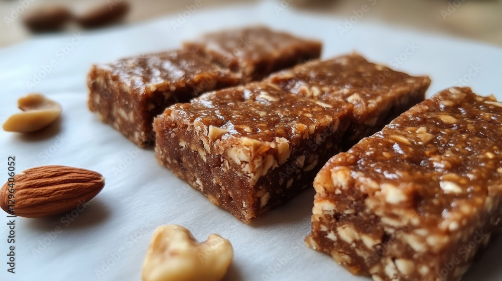 Close-up of date bars with nuts on white surface Close-up of date bars with nuts on white surface