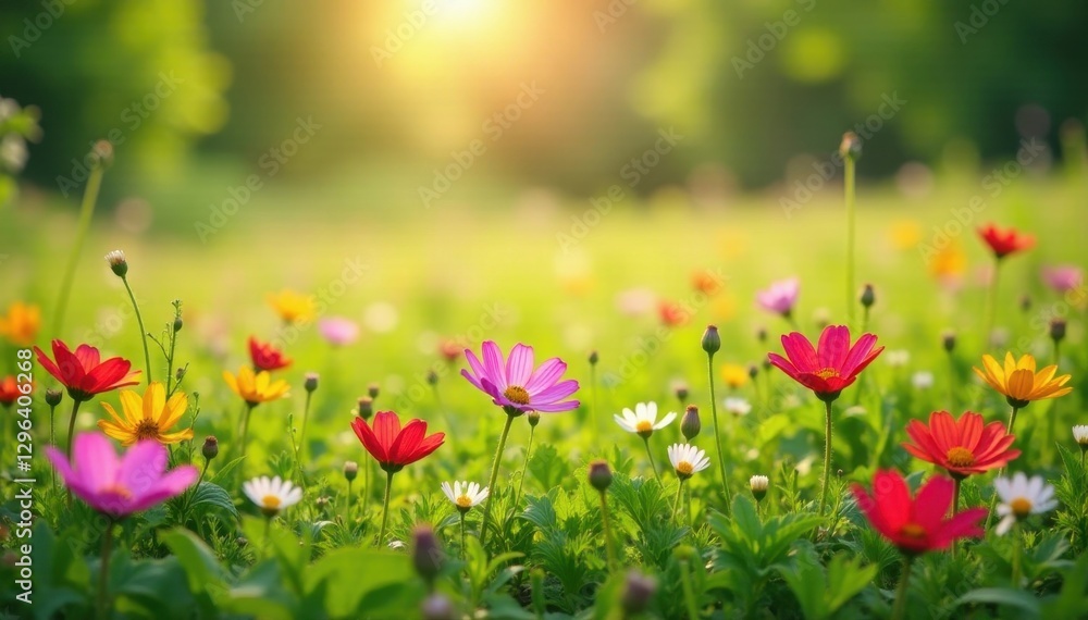 Vibrant wildflowers carpet a sun-drenched meadow, sun, ecology, wildflowers Vibrant wildflowers carpet a sun-drenched meadow, sun, ecology, wildflowers