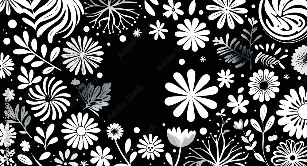 Fototapeta premium white decorative patterns abstract cartoon on plain dark black background illustration