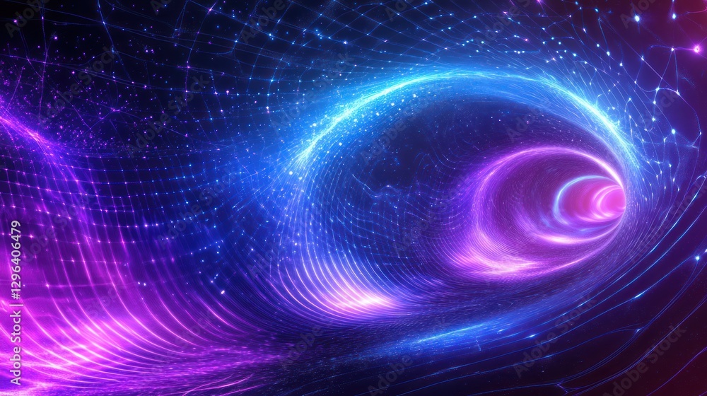 Fototapeta premium Abstract swirling neon light tunnel, cosmic background, digital art, website header