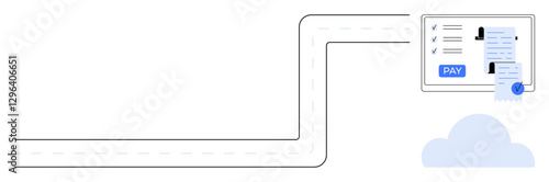 Road leading to a digital payment interface with a PAY button, checklist, and receipt above a cloud icon. Ideal for e-commerce, cloud computing, online security, digital infrastructure, fintech
