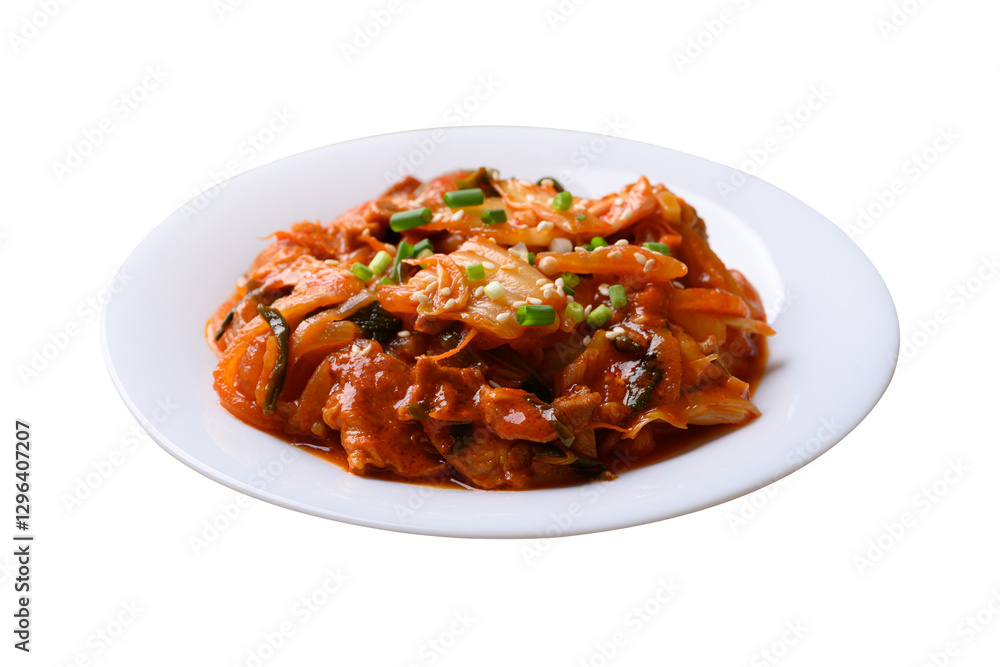 Stir fried kimchi cabbage with pork on plate, Korean food Stir fried kimchi cabbage with pork on plate, Korean food