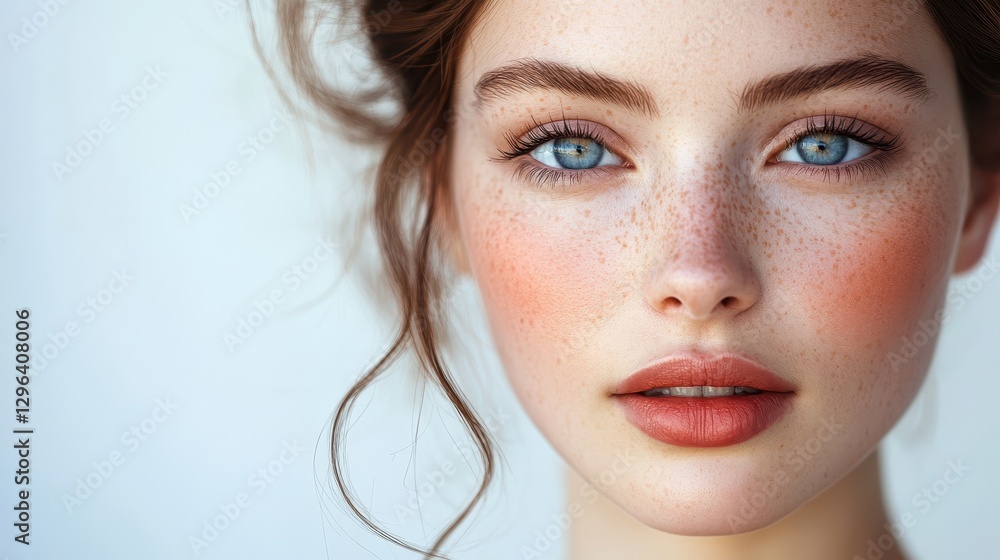 A woman is radiant, healthy skin, enhanced by natural make-up, reveals a captivating gaze and delicate lips, a testament to her natural beauty. A woman is radiant, healthy skin, enhanced by natural make-up, reveals a captivating gaze and delicate lips, a testament to her natural beauty.
