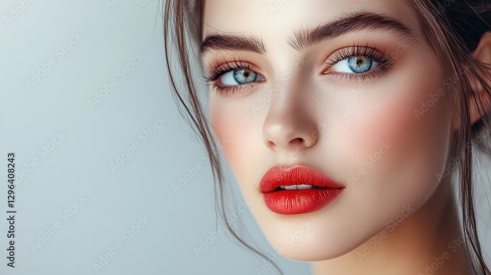 A woman is radiant, healthy skin, enhanced by natural make-up, reveals a captivating gaze and delicate lips, a testament to her natural beauty. A woman is radiant, healthy skin, enhanced by natural make-up, reveals a captivating gaze and delicate lips, a testament to her natural beauty.