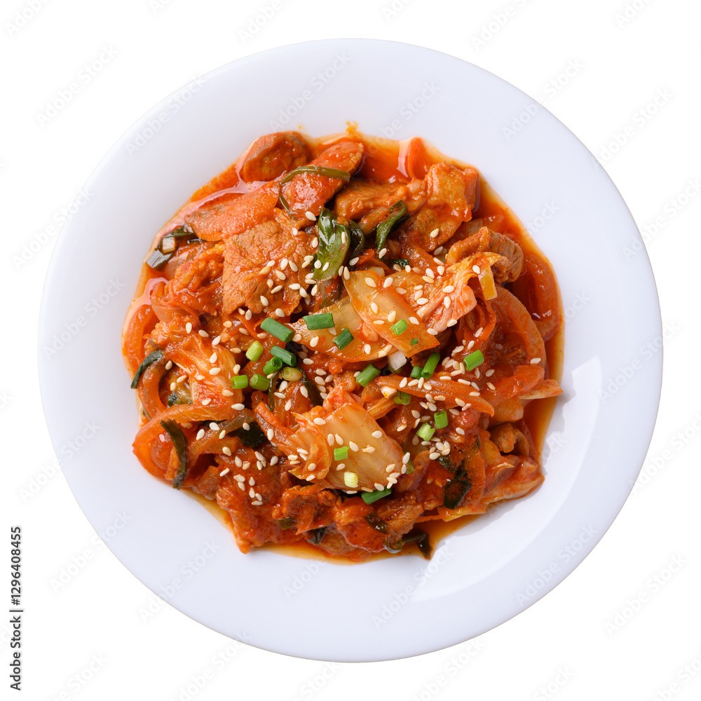 Stir fried kimchi cabbage with pork on plate, Korean food, Top view Stir fried kimchi cabbage with pork on plate, Korean food, Top view