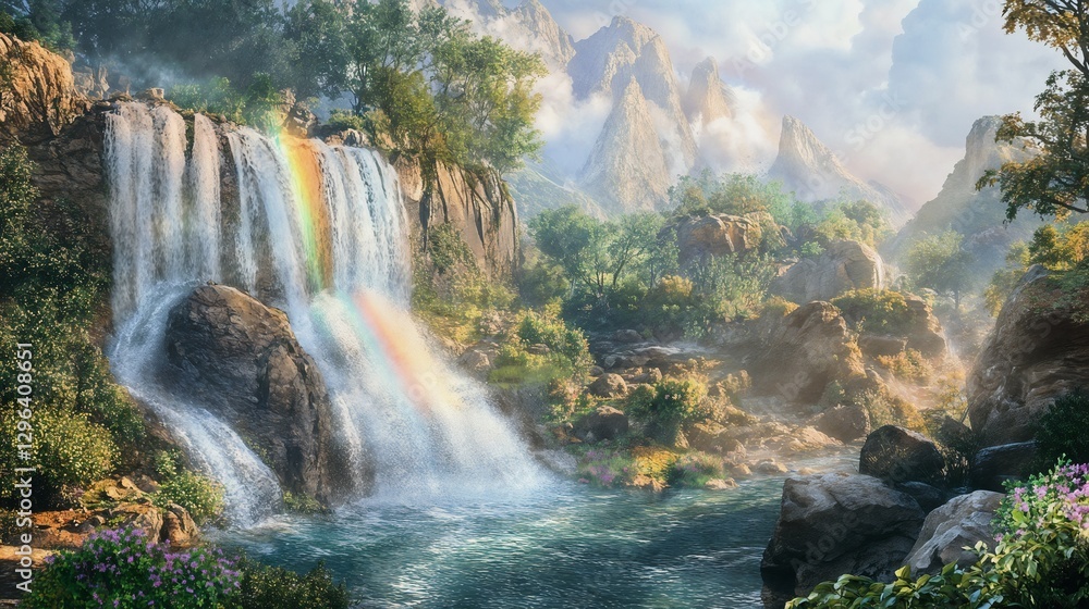 Fototapeta premium Scenic waterfall with rainbow and lush greenery in a mountainous landscape for nature concept 