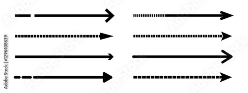 Set of different style long straight vector arrows. Long dashed line arrows