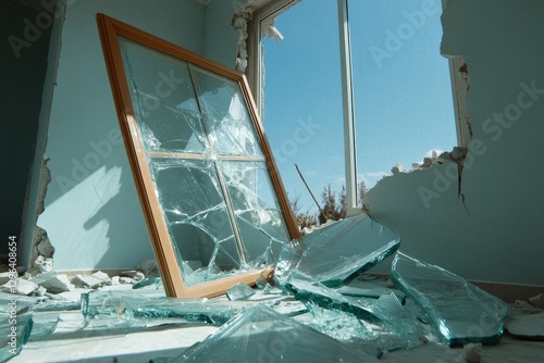 Shattered Window Frame House Damage - Earthquake aftermath, broken window, home destruction, devastation, shattered glass symbolizing loss, vulnerability, and the need for rebuilding photo