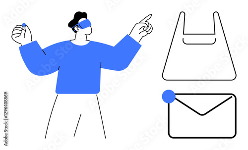 Wallpaper Mural Person wearing VR headset, interacting with virtual environment including shopping bag and email envelope. Ideal for e-commerce, technology, VR, digital communication, future shopping, tech-savvy Torontodigital.ca