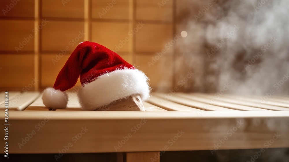 Fototapeta premium A Santa hat perched atop a steaming sauna bench, inviting guests to indulge in a holiday retreat at this spa and wellness salon, offering relaxation and rejuvenation.