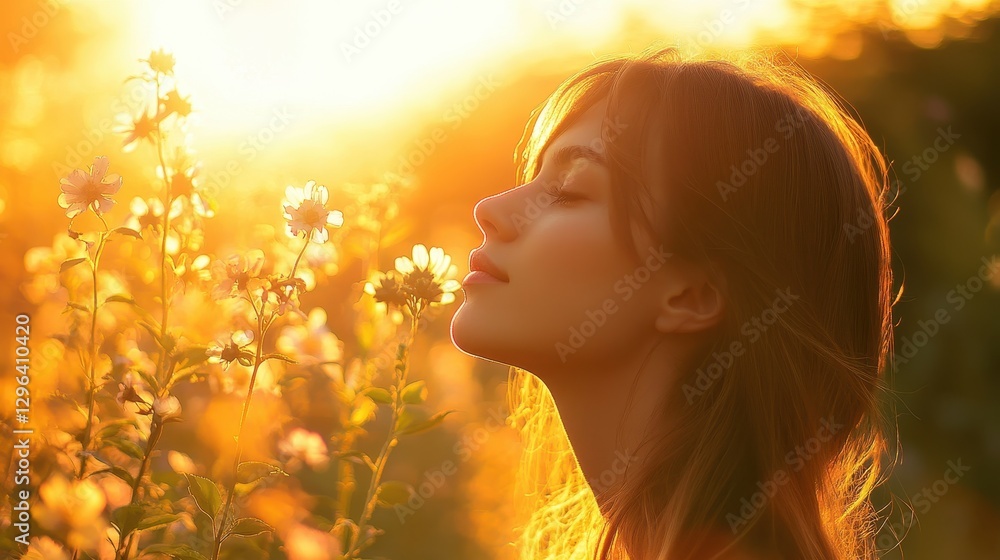 Fototapeta premium A woman, her face lit by the golden rays of a setting sun, inhaled the crisp, clean air of an open park, her lungs filled with the invigorating scent of blooming flowers and the gentle rustle of
