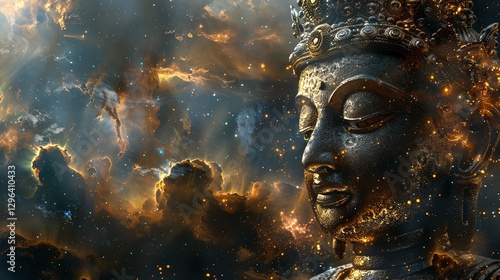 A close-up of a golden Buddha statue with a starry nebula in the background.