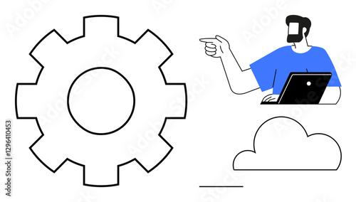 Man using a laptop and pointing, large gear icon on left, cloud icon below. Ideal for technology, connectivity, cloud computing, engineering, teamwork, software development digital communication