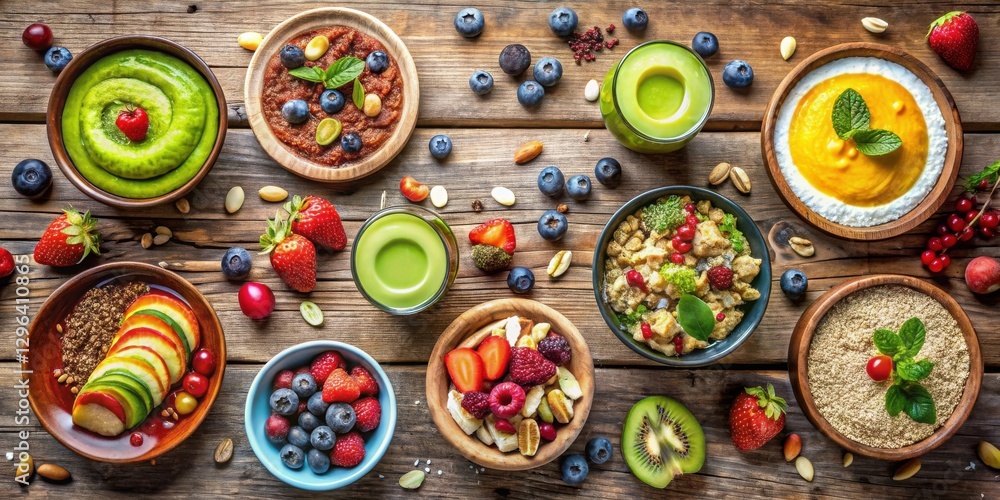 A vibrant overhead arrangement of assorted healthy breakfast bowls featuring colorful fruits, seeds, and creamy textures on a rustic wooden surface A vibrant overhead arrangement of assorted healthy breakfast bowls featuring colorful fruits, seeds, and creamy textures on a rustic wooden surface