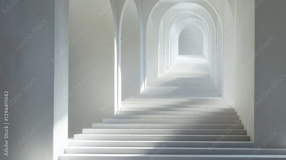 Fototapeta premium White arched hallway stairs, light at end, spiritual peace, architecture design