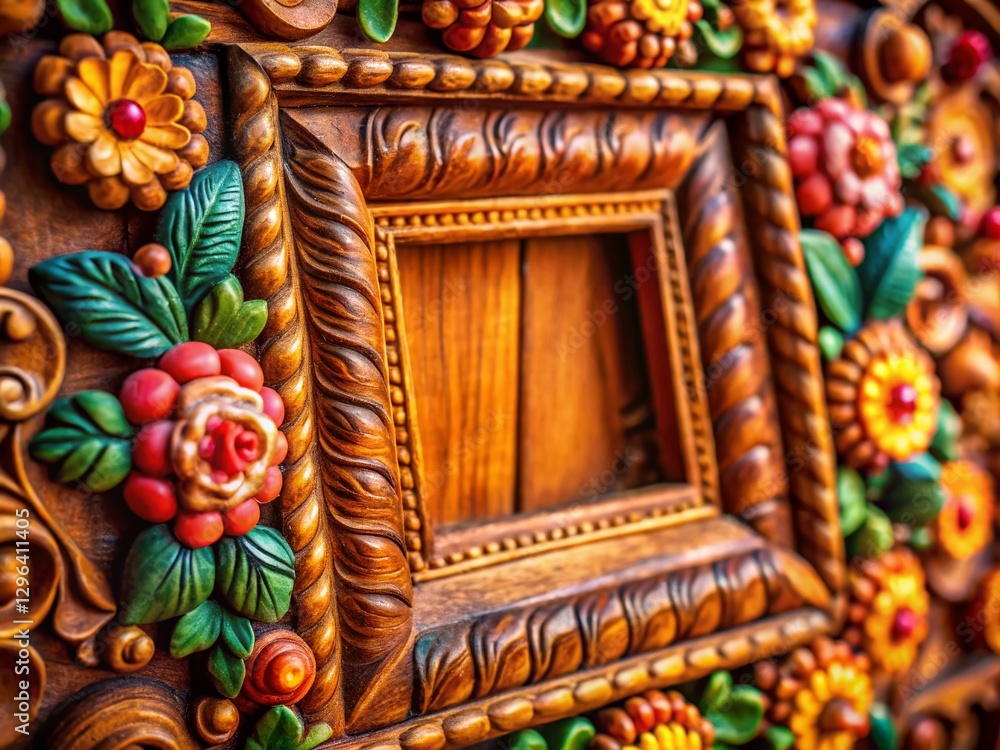 Naklejka premium Empty Antique Frame with Traditional Hungarian Floral Motifs - Stock Photo
