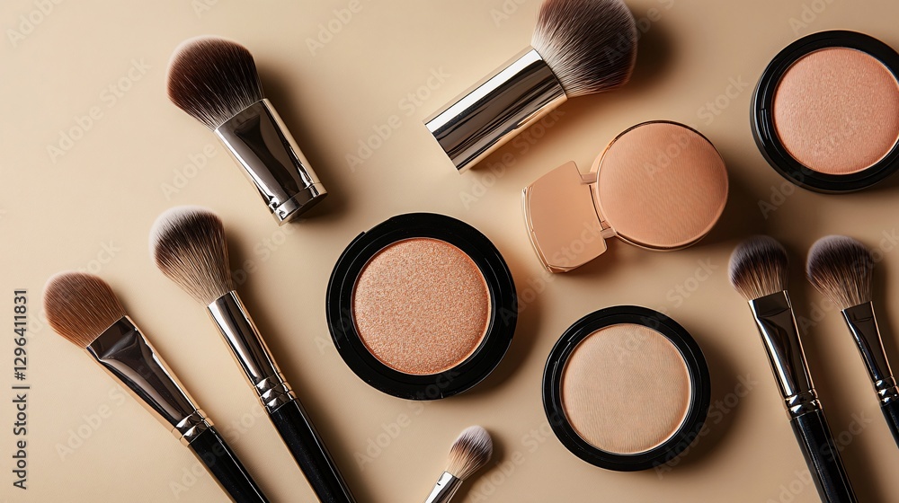 A close-up of makeup tools such as brushes, eyeshadow, and blush against a simple, solid-colored background. This image symbolizes beauty, fashion, and the art of self-expression, highlighting the all A close-up of makeup tools such as brushes, eyeshadow, and blush against a simple, solid-colored background. This image symbolizes beauty, fashion, and the art of self-expression, highlighting the all