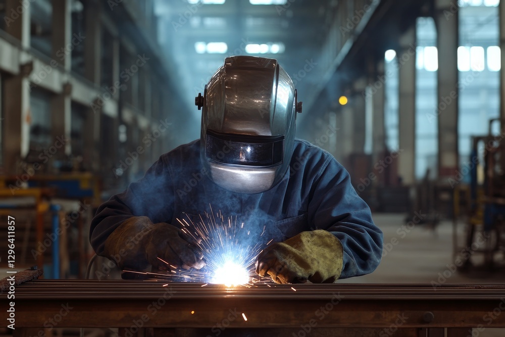 Skilled Welder Fabricating Metal Structures - A middle-aged welder expertly welds metal, sparks flying, showcasing craftsmanship, precision, and industrial strength. The symbolizes hard work, skill Skilled Welder Fabricating Metal Structures - A middle-aged welder expertly welds metal, sparks flying, showcasing craftsmanship, precision, and industrial strength. The symbolizes hard work, skill
