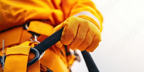 Obraz na płótnie Close-up of a gloved hand gripping a safety harness, showcasing bright orange work attire and equipment, emphasizing safety in industrial settings. w salonie