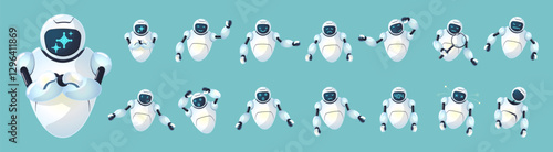 Set of AI robot mascot characters. Cute futuristic chatbot with various emotions. Friendly funny digital assistants for tech automation and communication. Modern smart robotic isolated vector concept
