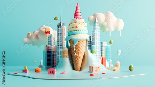 A whimsical ice cream cone transforms into a cityscape, blending dessert with urban architecture in a creative and surreal design. Surreal Melting Architecture. Illustration