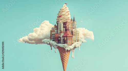 A whimsical ice cream cone transforms into a cityscape, blending dessert with urban architecture in a creative and surreal design. Surreal Melting Architecture. Illustration