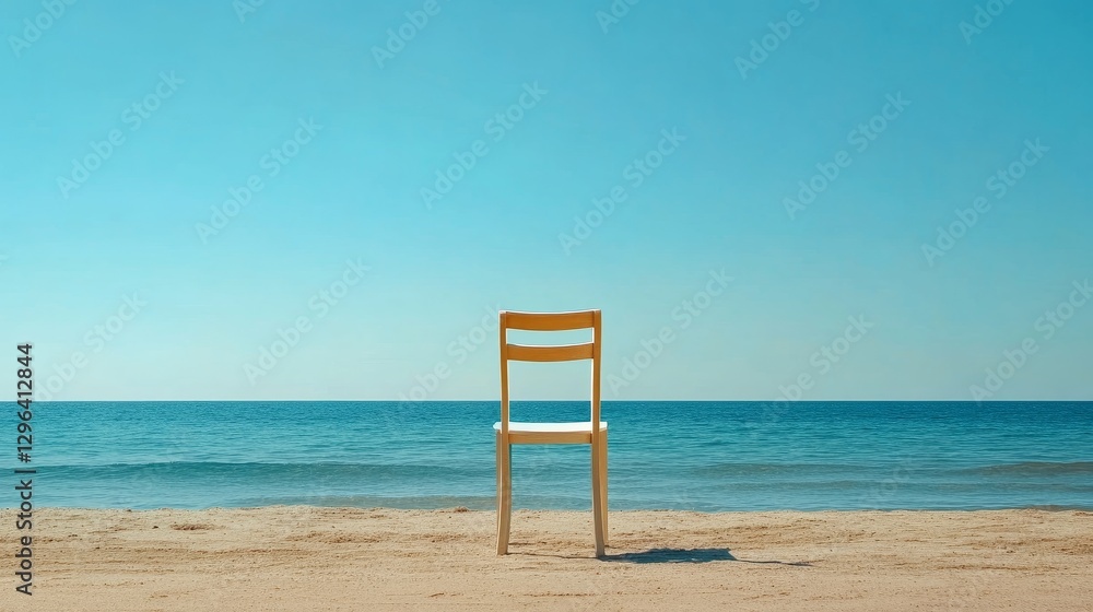 Solitude by the Sea: A Beach Chair Scene - Tranquility, peace, relaxation, escape, contemplation. A single chair on a sandy beach symbolizes a moment of quiet reflection by the ocean Solitude by the Sea: A Beach Chair Scene - Tranquility, peace, relaxation, escape, contemplation. A single chair on a sandy beach symbolizes a moment of quiet reflection by the ocean