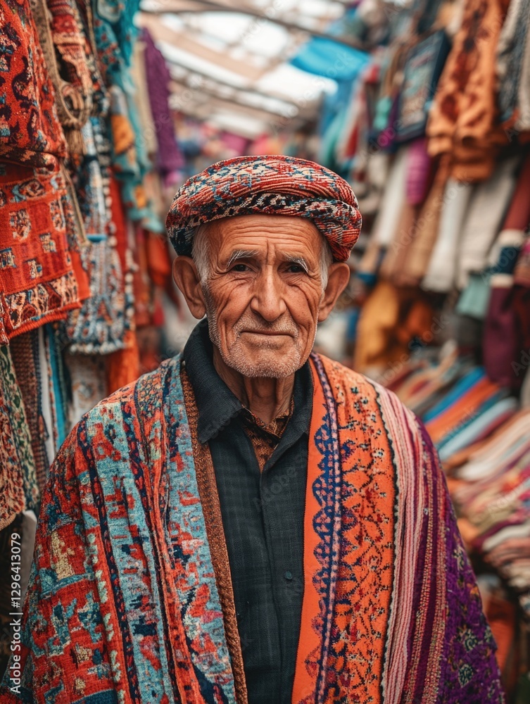 Fototapeta premium Venerable elder wearing vibrant ethnic clothing, standing amidst a rich array of handwoven textiles and traditional tribal garments at an oriental bazaar.