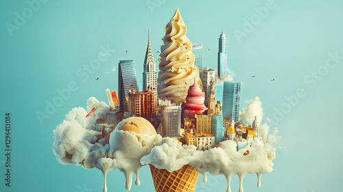 A whimsical ice cream cone transforms into a cityscape, blending dessert with urban architecture in a creative and surreal design. Surreal Melting Architecture. Illustration